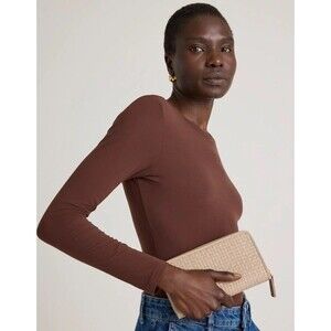 NWT Quince Italian Leather Handwoven Continental Wallet Taupe Zip Around Woven